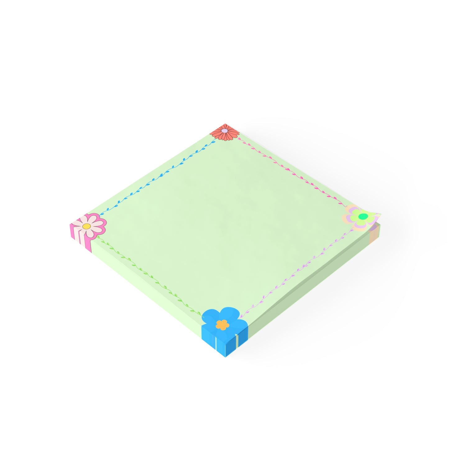 Light green notepad with colorful flower designs on a white background
