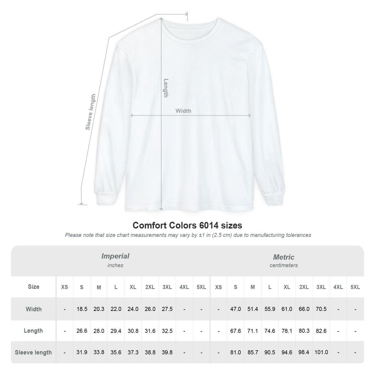 Measurement chart for a white shirt with size chart details on a white background