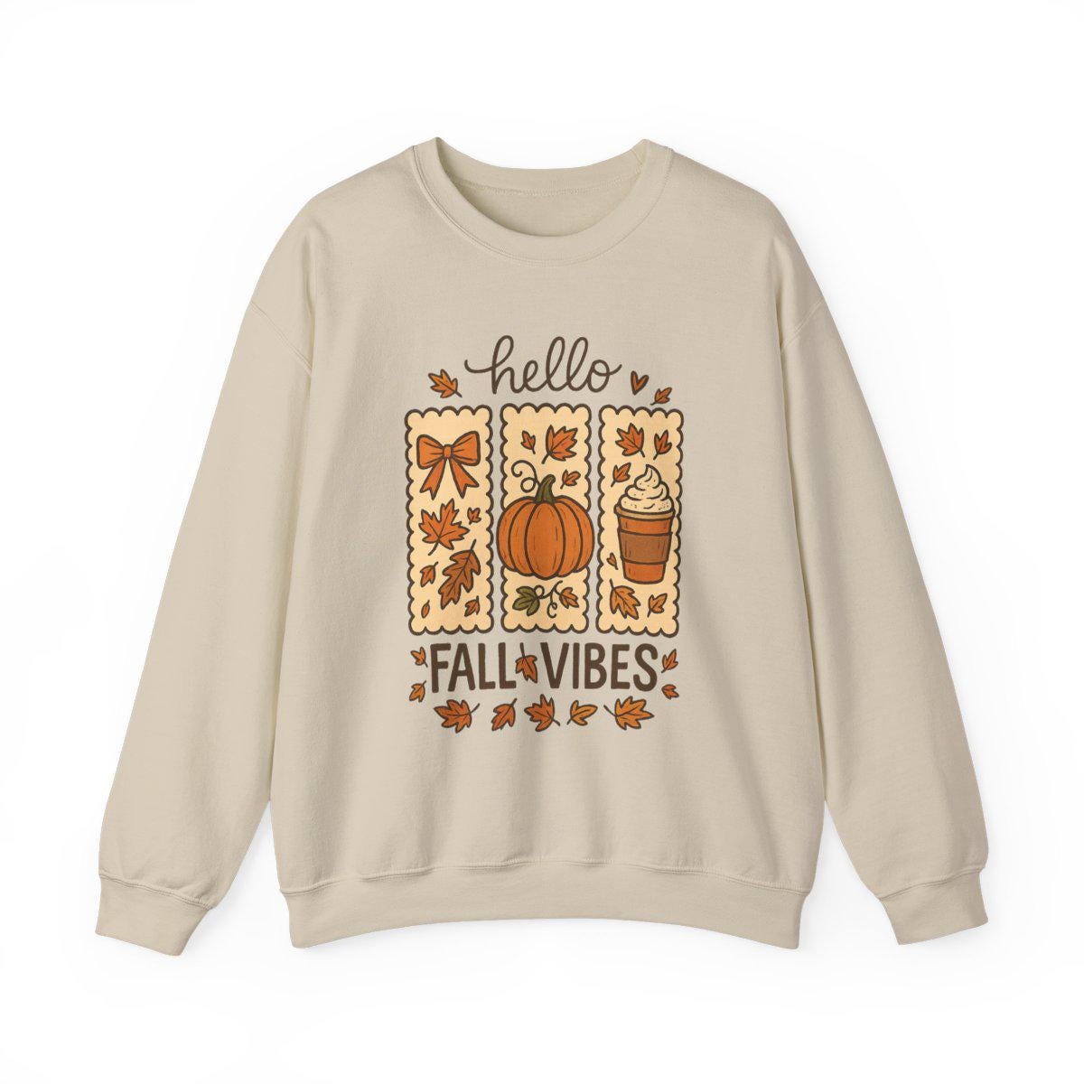Beige sweatshirt with 'hello fall vibes' graphic on a white background