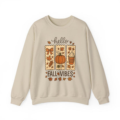 Beige sweatshirt with 'hello fall vibes' graphic on a white background