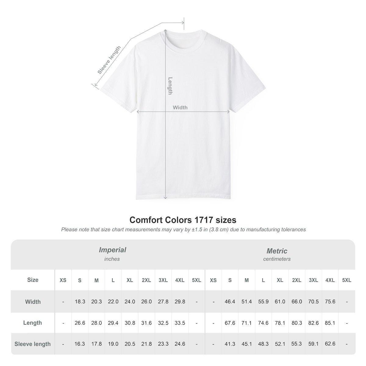 White t-shirt with size chart measurements on a white background