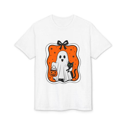 White t-shirt with Halloween-themed graphic featuring a ghost, black cat, and pumpkin on an orange background.