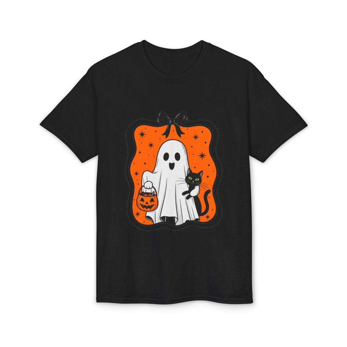 Black t-shirt with Halloween-themed graphic of a ghost, cat, and pumpkin on a white background