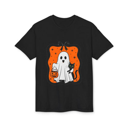 Black t-shirt with Halloween-themed graphic of a ghost, cat, and pumpkin on a white background