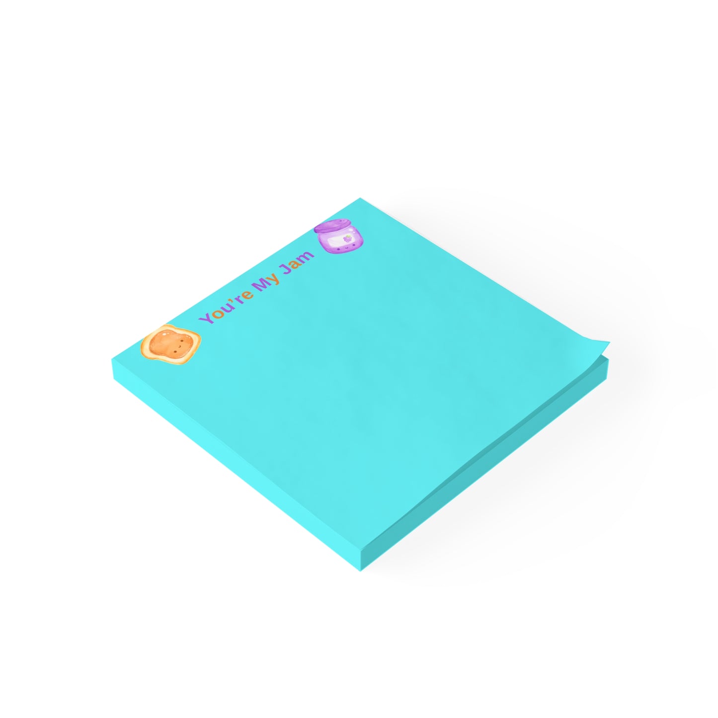 Turquoise sticky notes with colorful designs on a white background