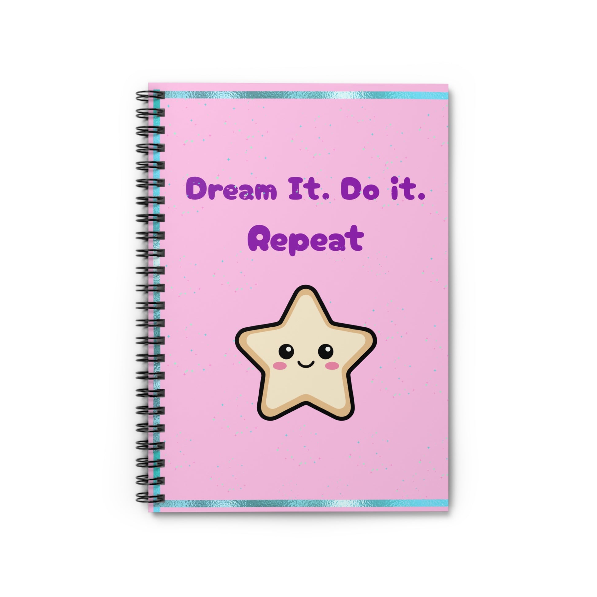 Notebook with a pink cover featuring a star illustration and text on a white background