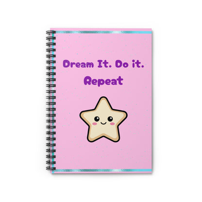 Notebook with a pink cover featuring a star illustration and text on a white background