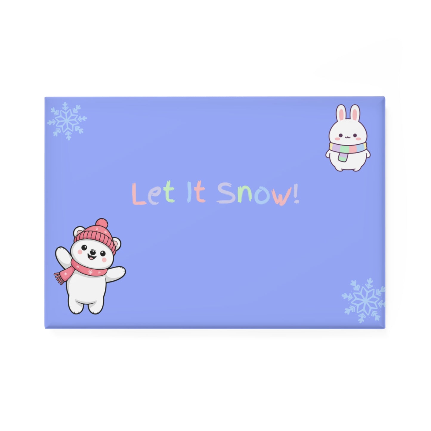Holiday card with a polar bear, rabbit, and snowflakes on a blue background with 'Let It Snow!' text.