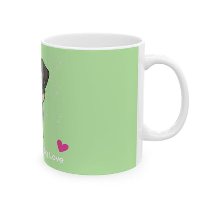Green mug with a heart and 'I love' text on a white background