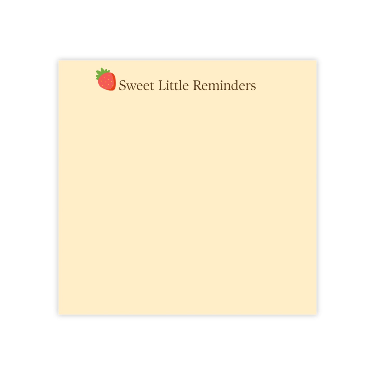 Notepad with 'Sweet Little Reminders' text and strawberry icon on beige background