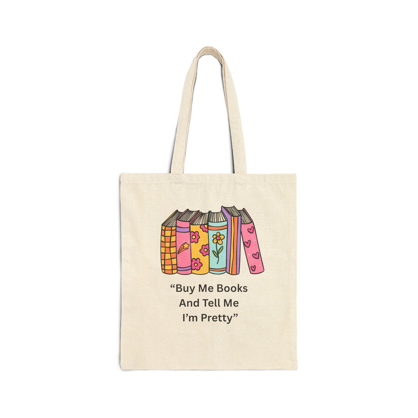 Tote bag with books design and text on a white background