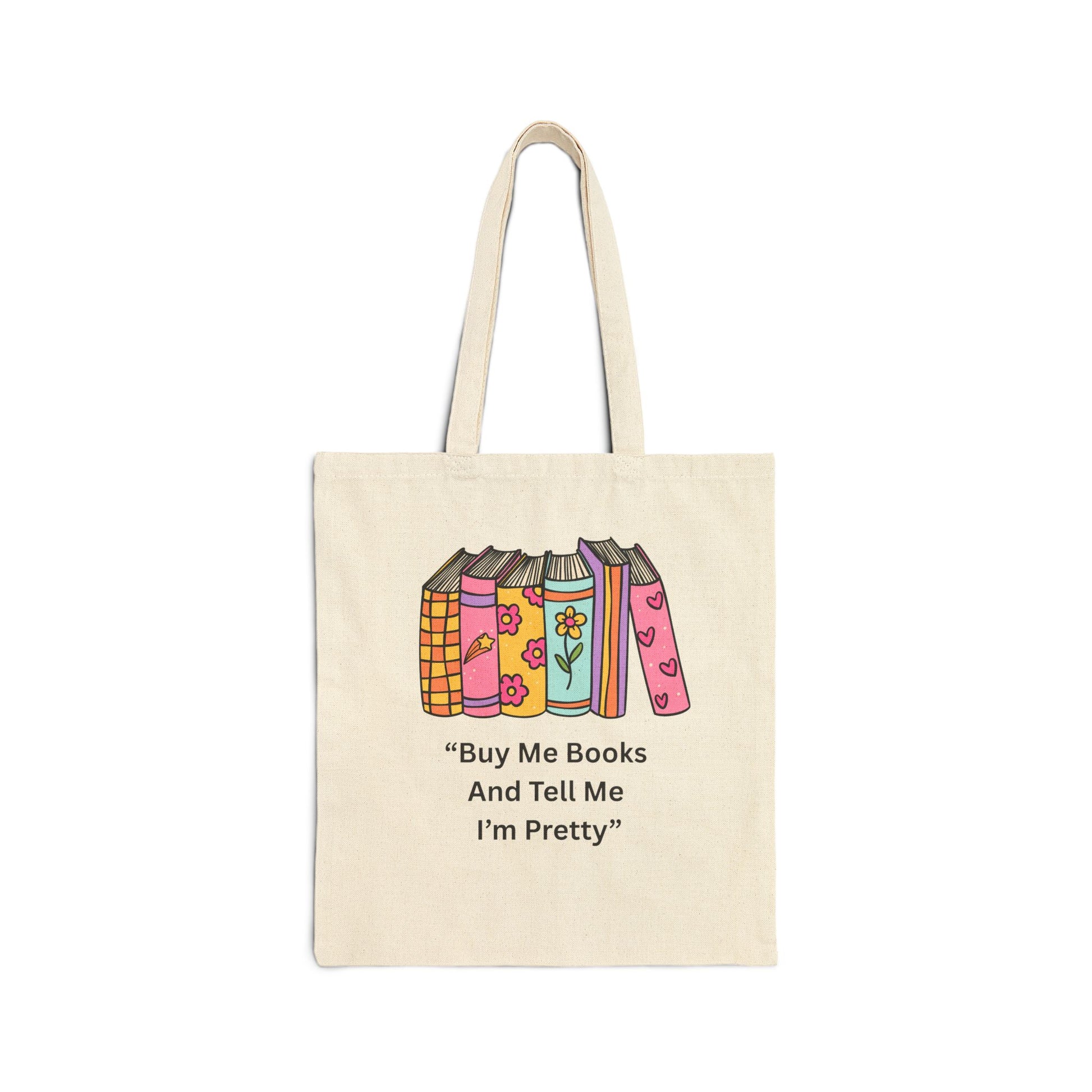 Tote bag with books design and text on a white background