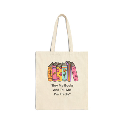 Tote bag with books design and text on a white background