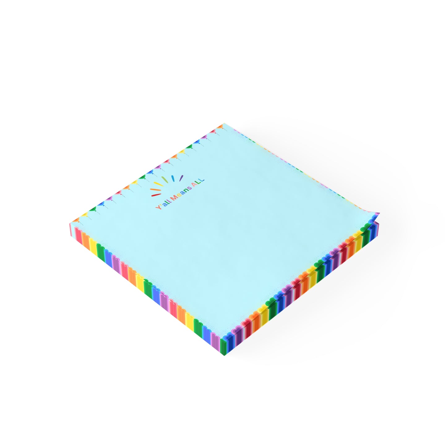 Stack of colorful sticky notes with a rainbow border on a white background