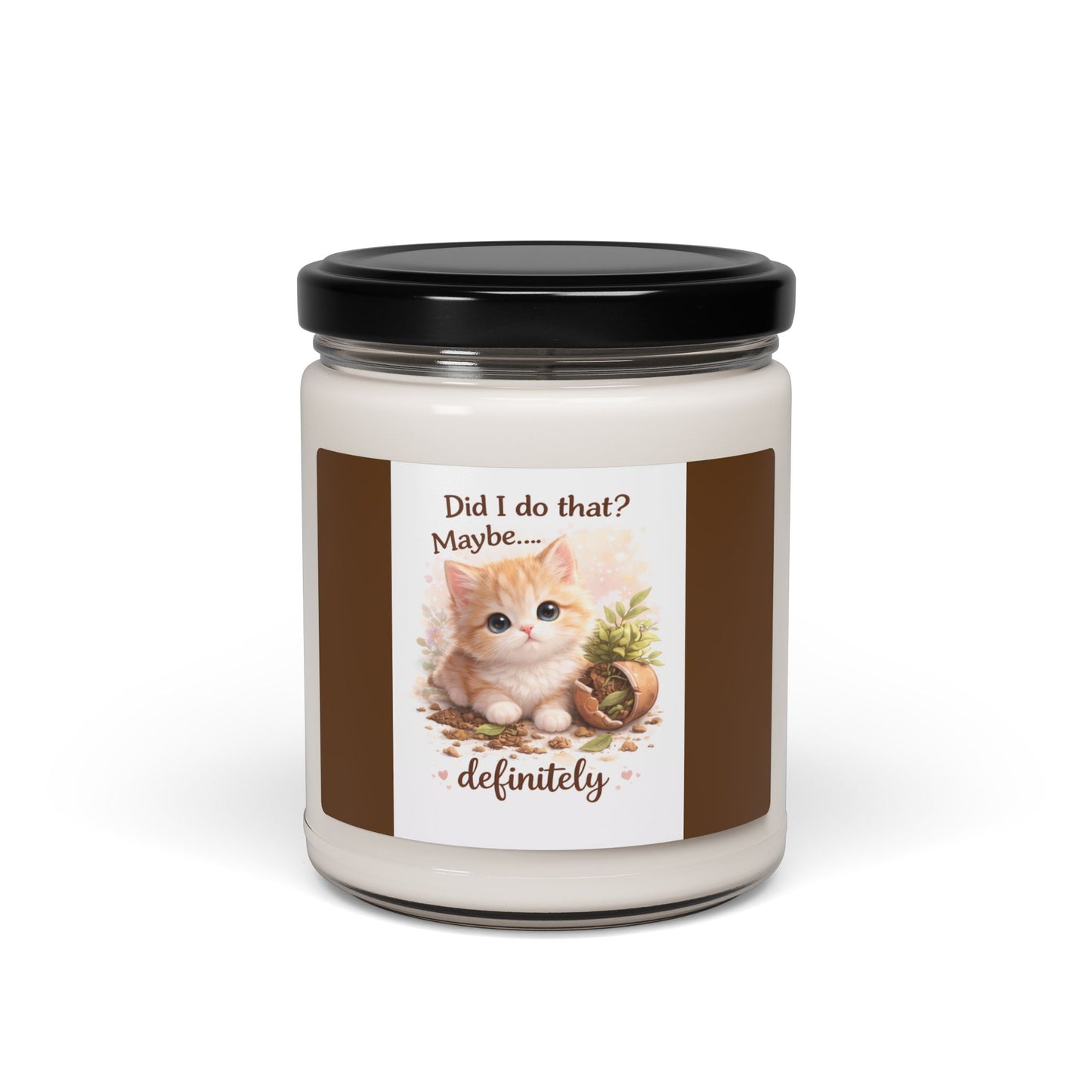 Candle jar with a cat-themed label on a white background