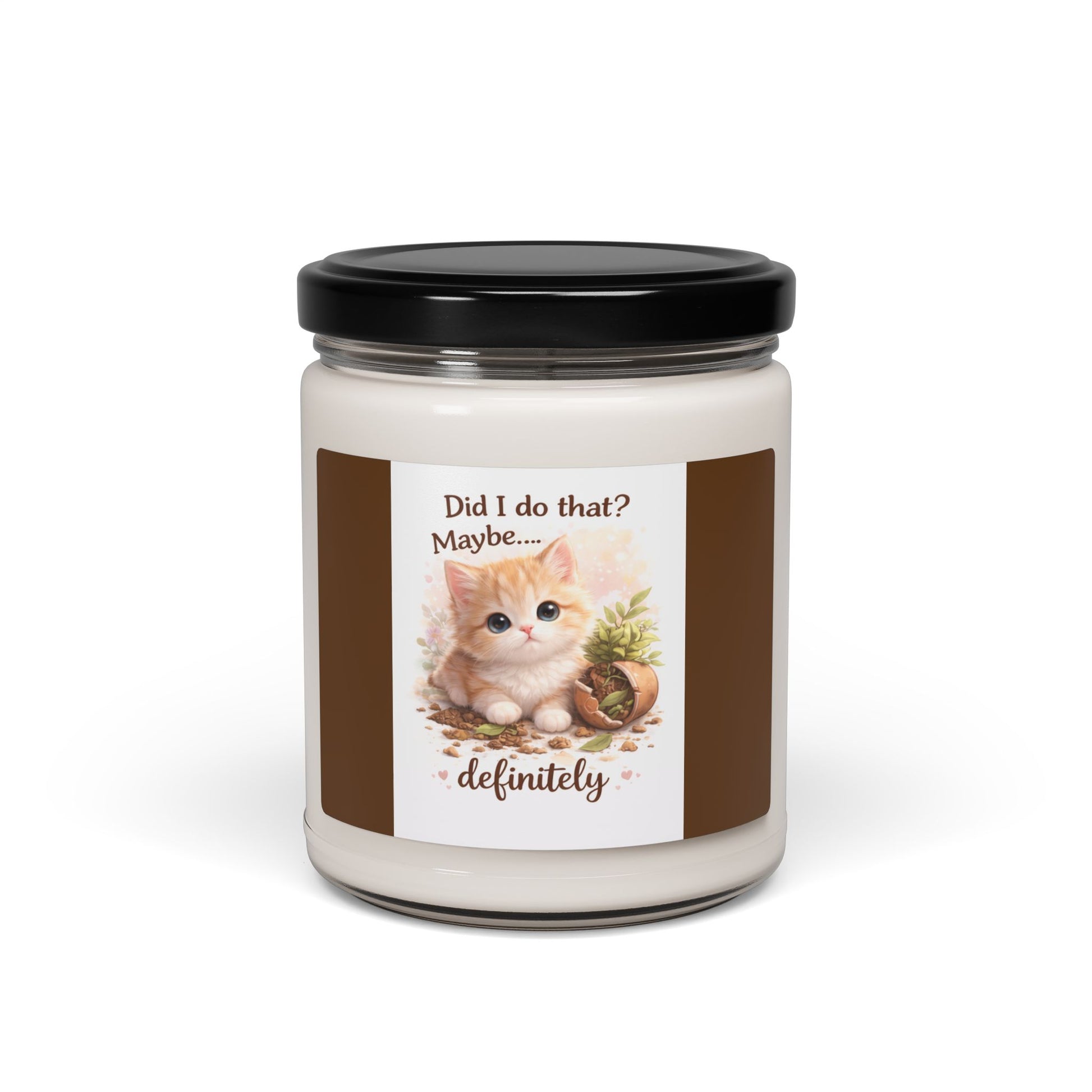 Candle jar with a cat-themed label on a white background
