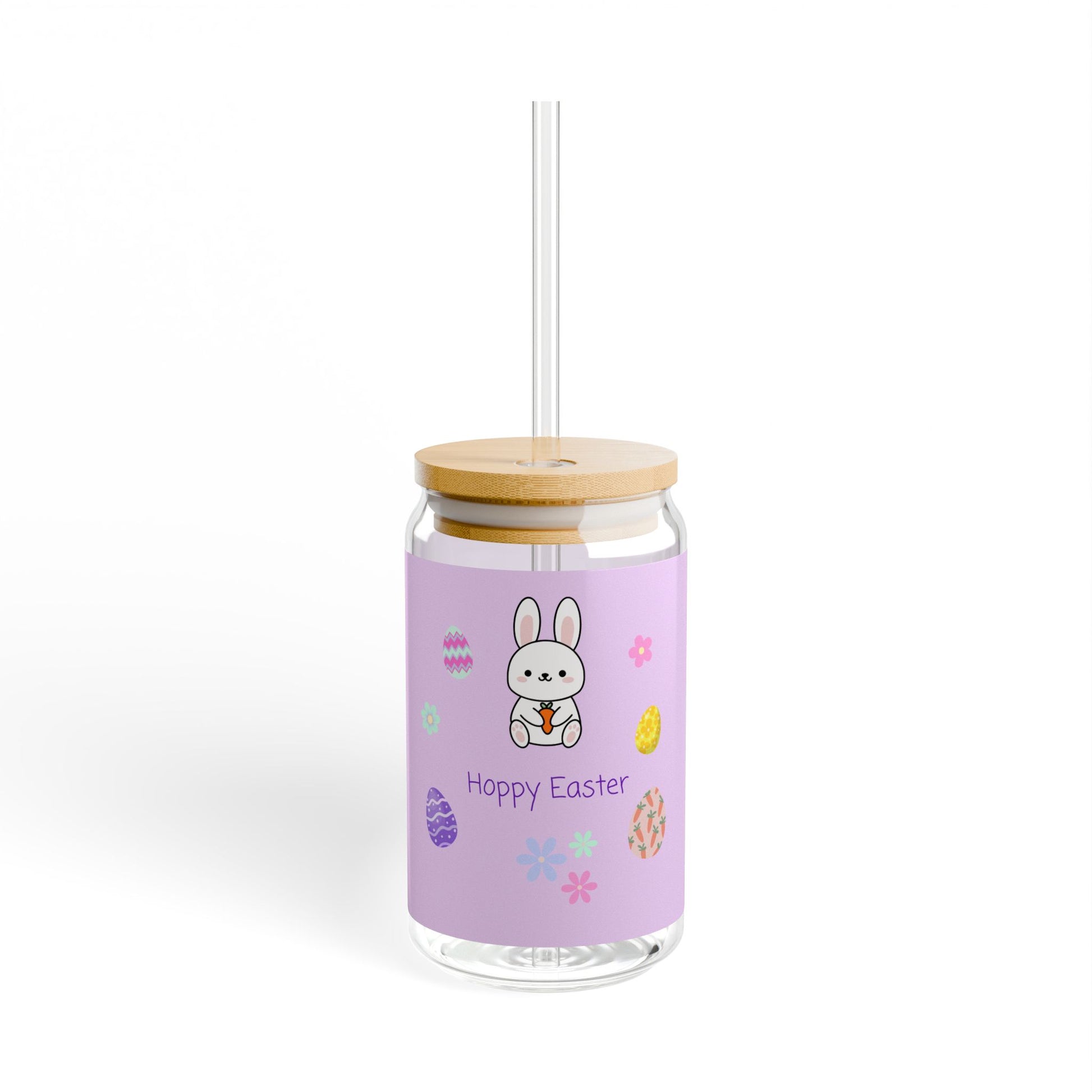 Glass tumbler with wooden lid and straw, featuring a 'Happy Easter' design on a white background.