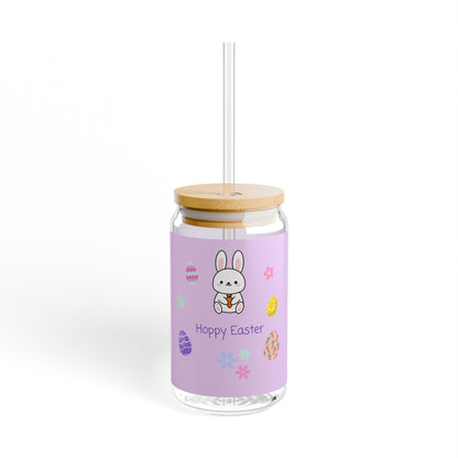 Glass tumbler with wooden lid and straw, featuring a 'Happy Easter' design on a white background.