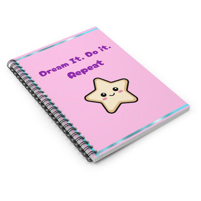 Pink notebook with a star illustration and text on a white background