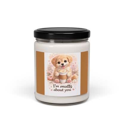 Candle jar with a cute dog illustration and text on a white background