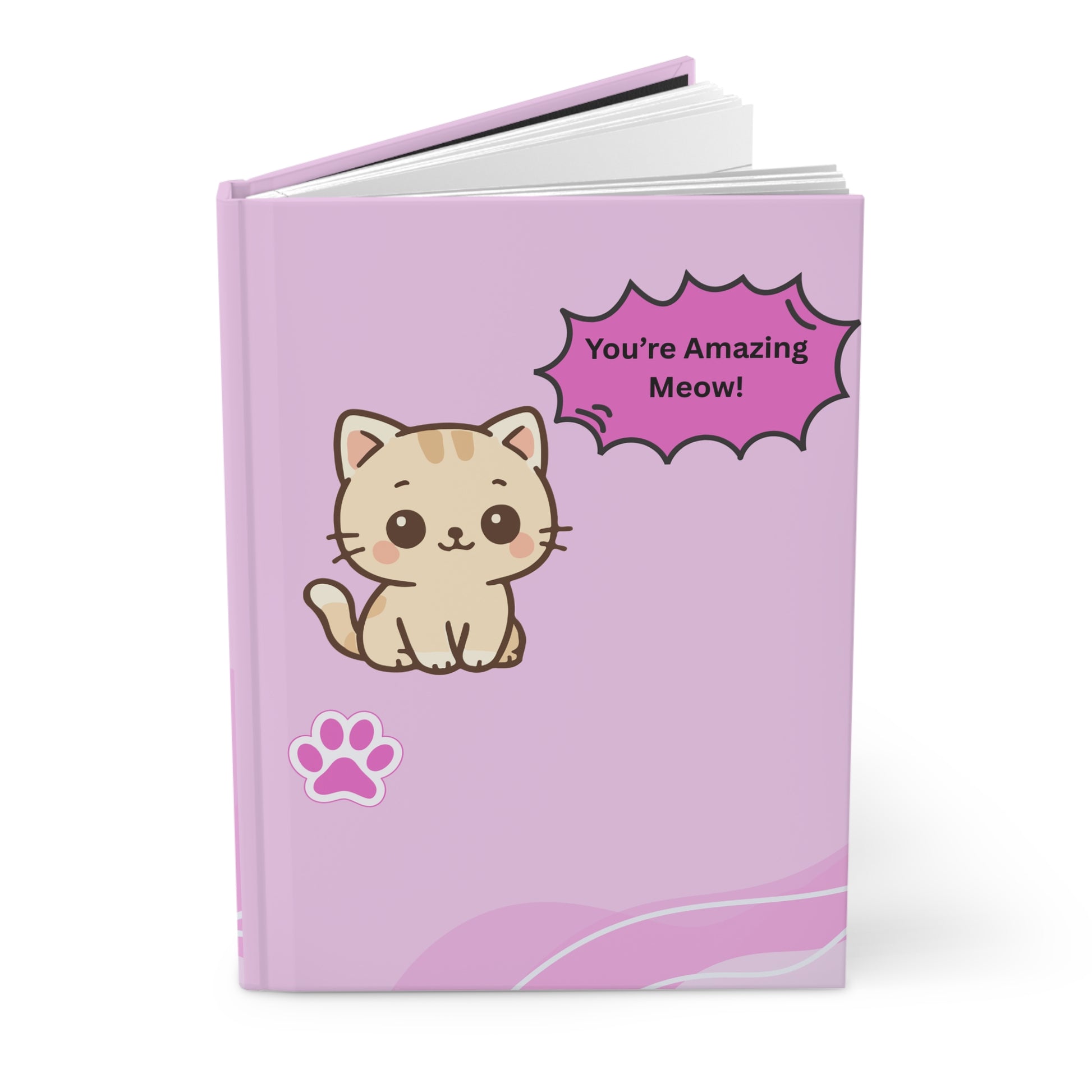 Purple notebook with a cat illustration and 'You're Amazing Meow!' text on a white background