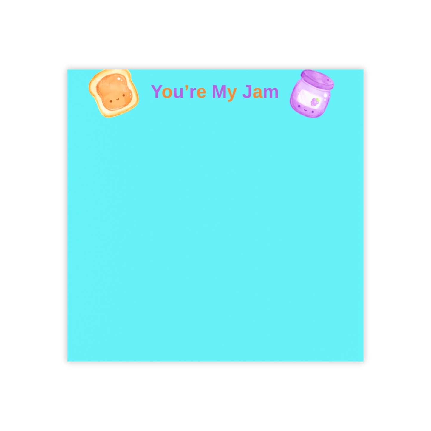 Notepad with 'You're My Jam' text and cartoon illustrations on a blue background