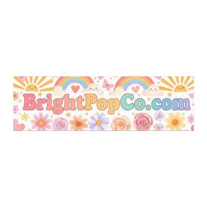 Decorative banner with 'BrightPopCo.com' text surrounded by colorful graphics on a white background