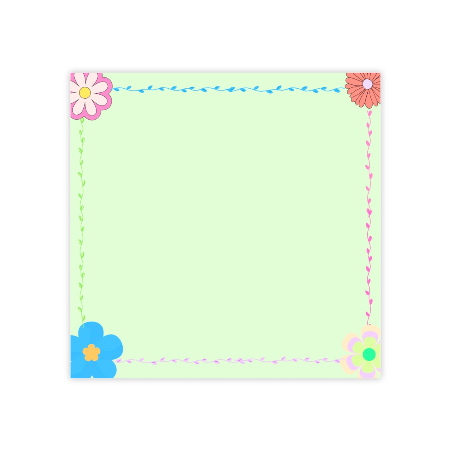 Green notepad with colorful flower designs on a white background