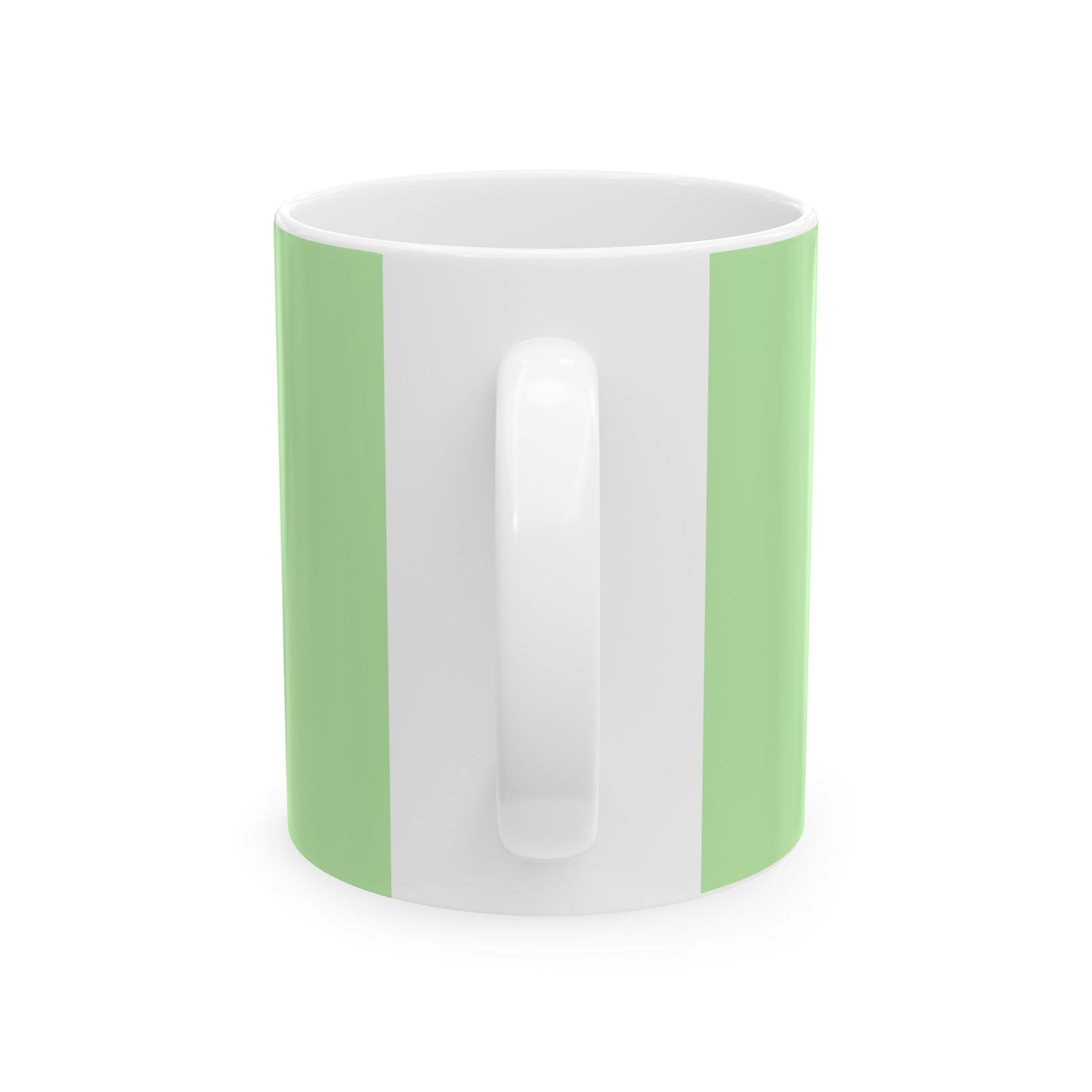 White mug with green stripes on a white background