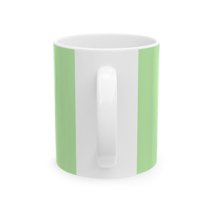 White mug with green stripes on a white background