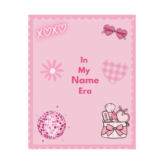 Pink decorative card with 'In My Name Era' text and various icons on a white background