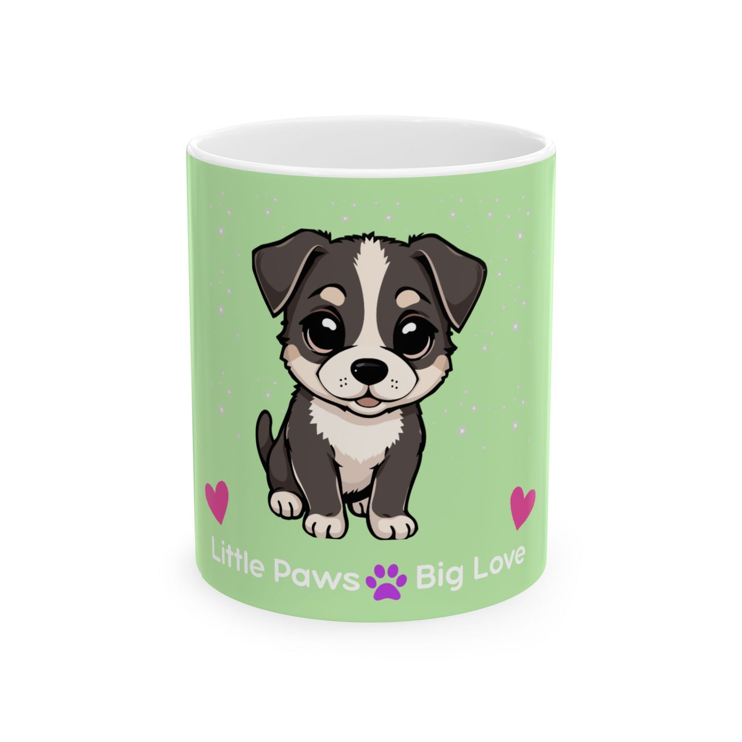 Green mug with a cartoon dog design and text 'Little Paws Big Love' on a white background