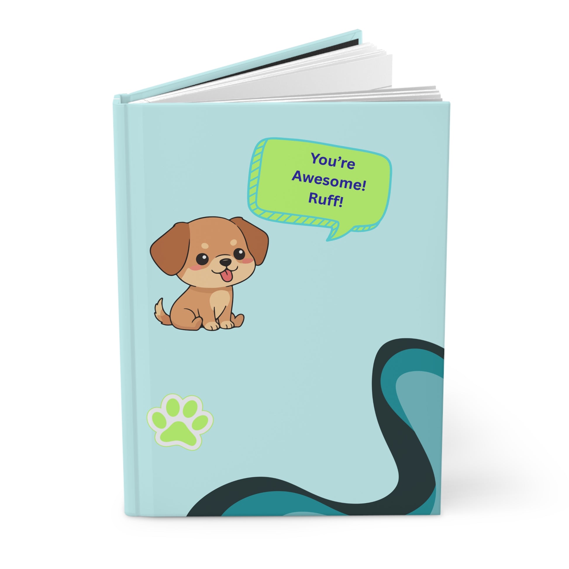 Notebook with a cartoon dog and speech bubble on a light blue background