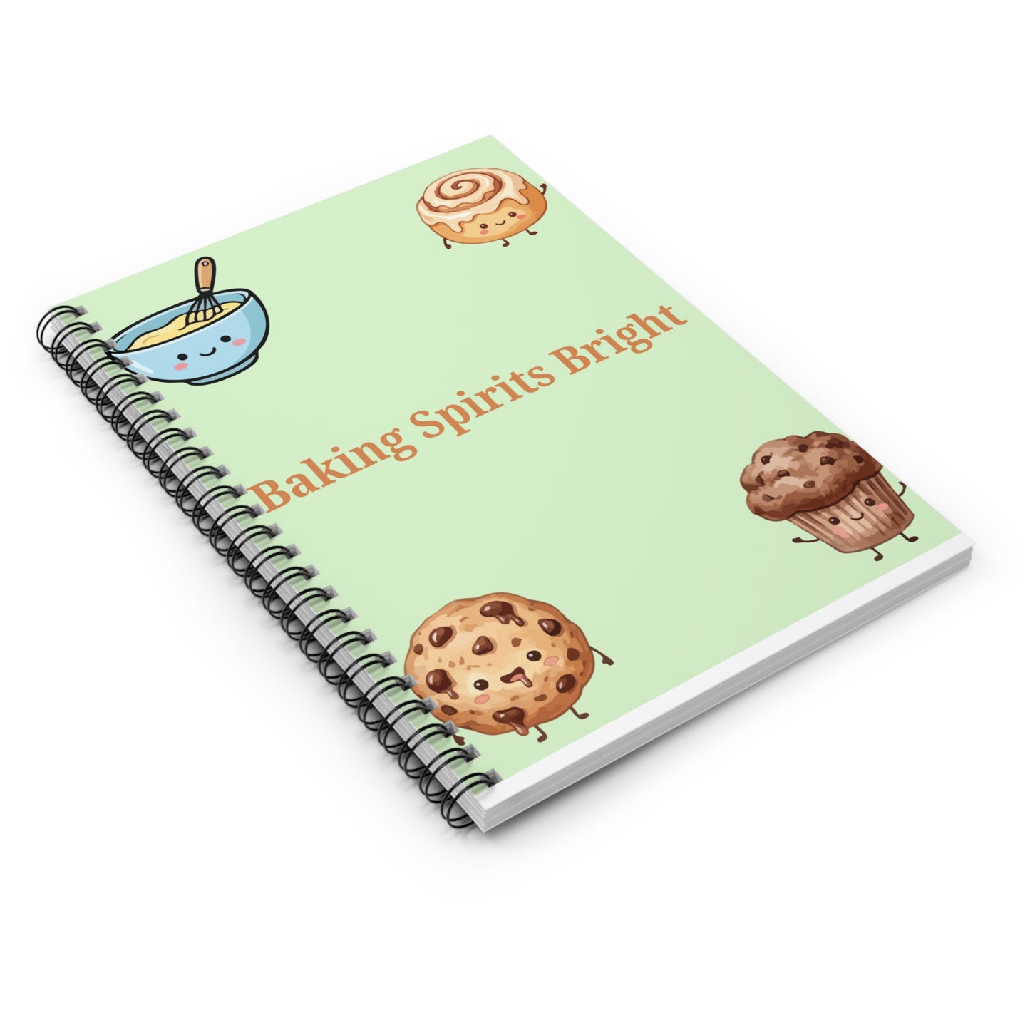 Notebook with baking-themed illustrations and text on a light green background