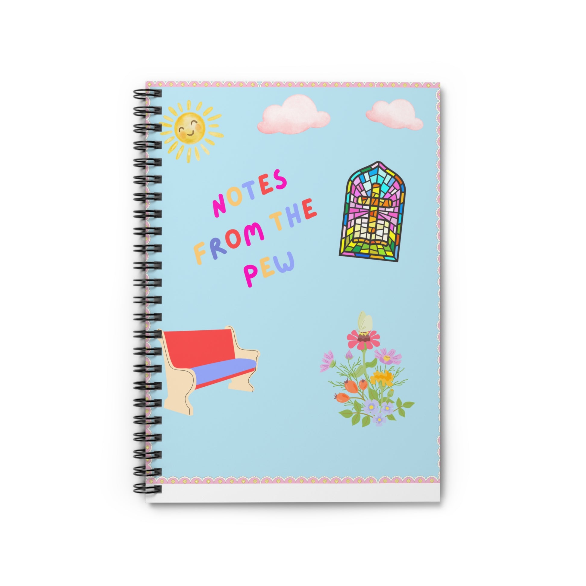 Notebook with colorful illustrations and text on a white background