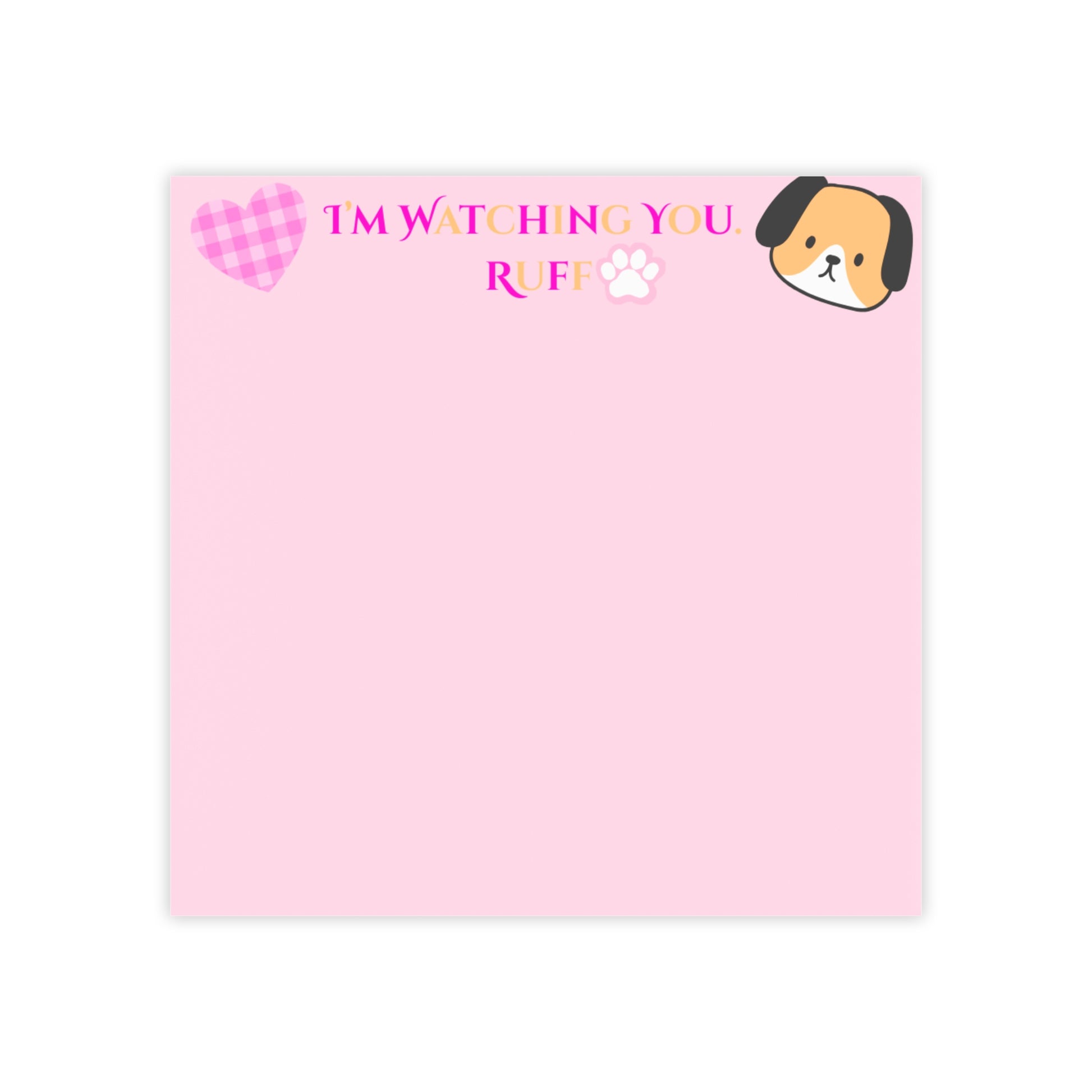 Pink notepad with dog-themed design and text on a white background