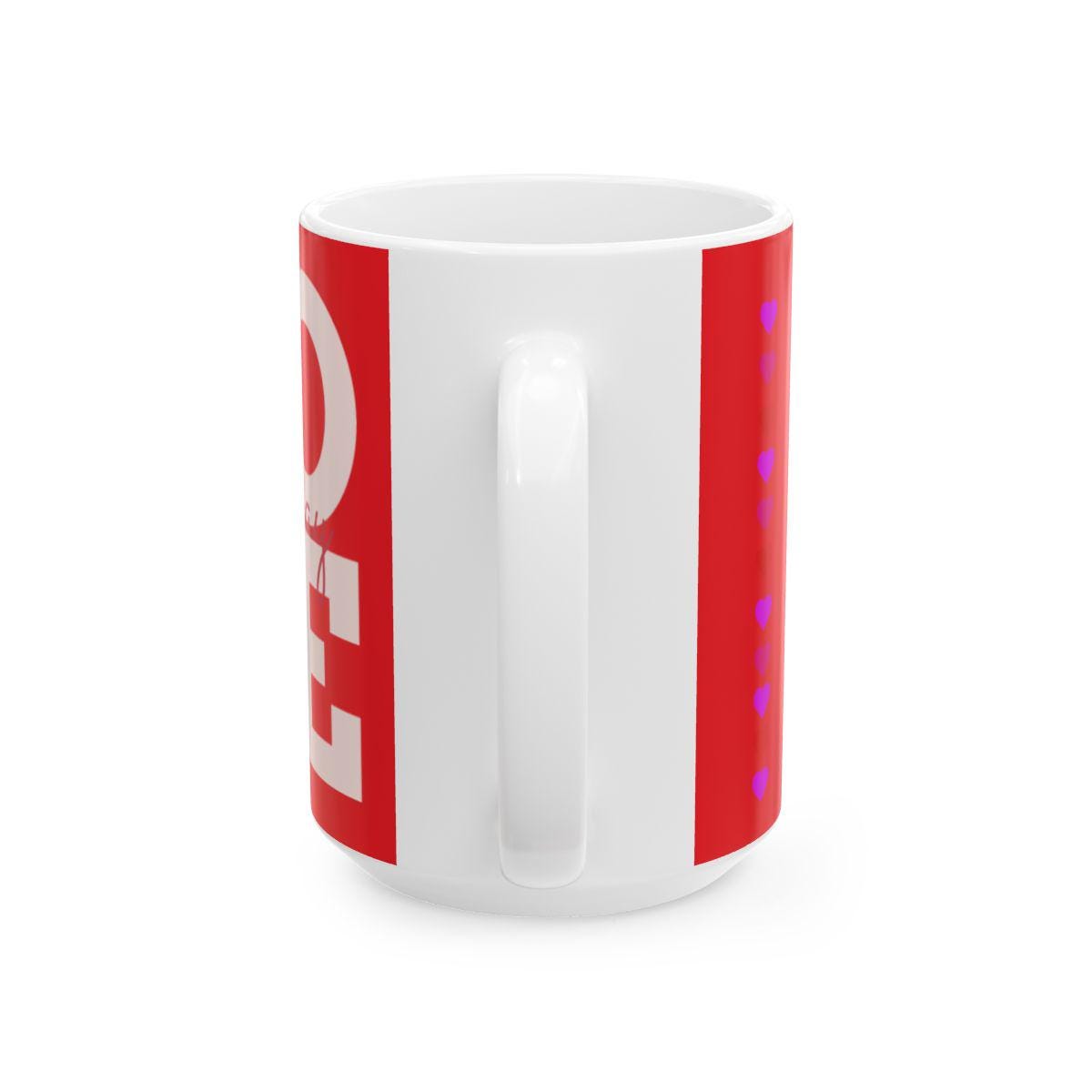 White mug with red stripes and a logo on a white background