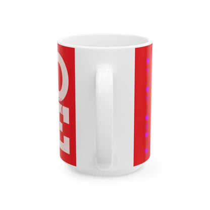 White mug with red stripes and a logo on a white background
