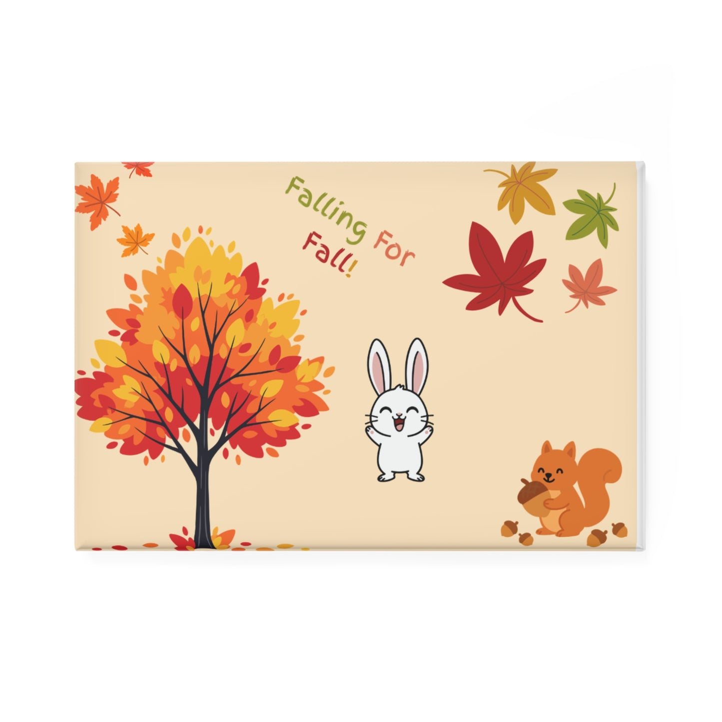 Cartoon rabbit and squirrel with autumn tree and leaves on a beige background