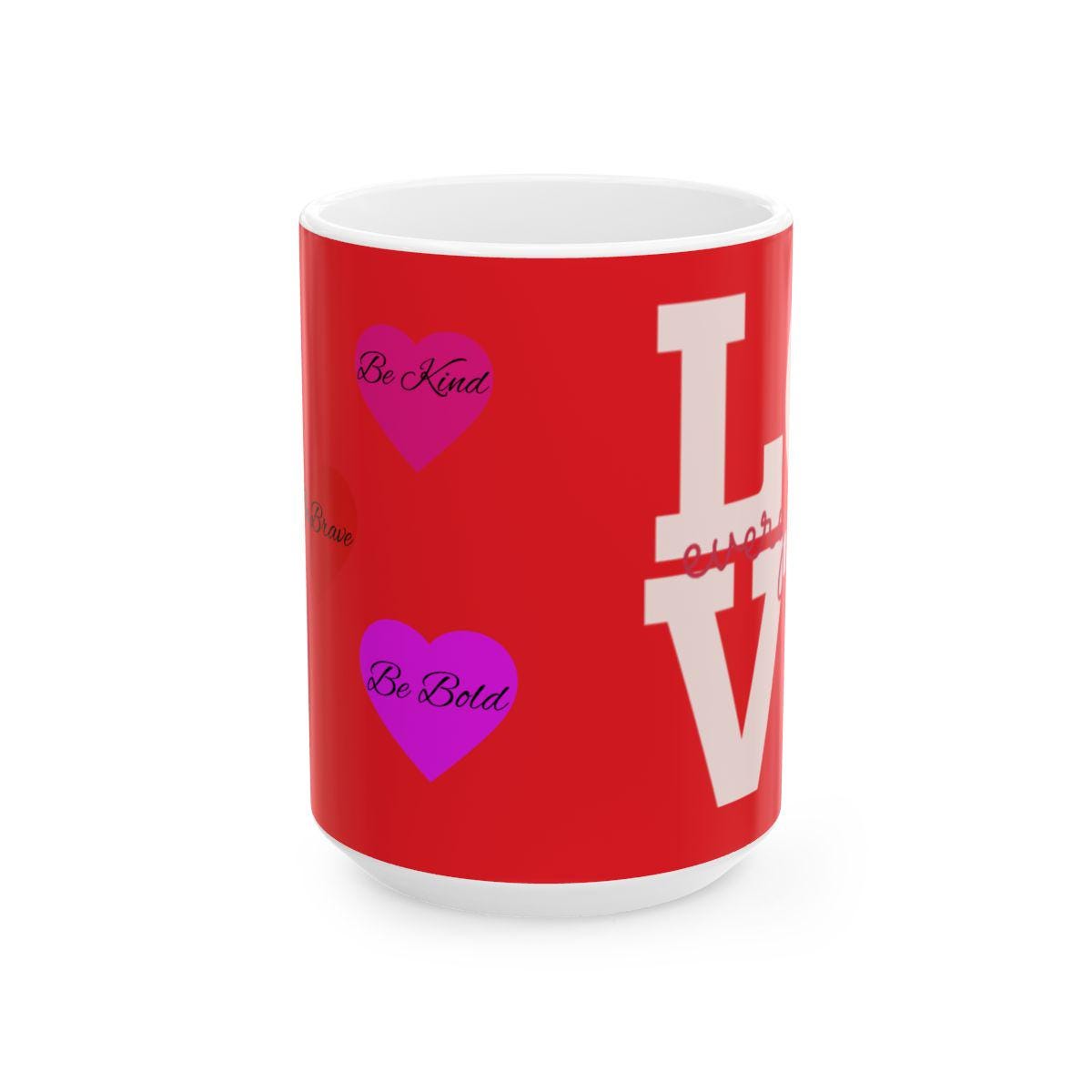 Red mug with white text and purple hearts on a white background