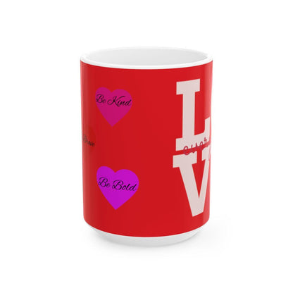 Red mug with white text and purple hearts on a white background