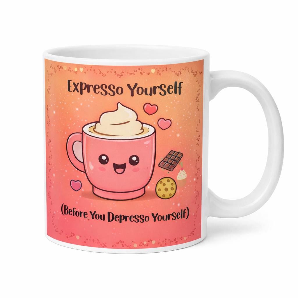 Ceramic coffee mug with kawaii latte art design and "Expresso Yourself" text in playful font