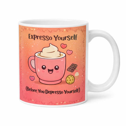 Ceramic coffee mug with kawaii latte art design and "Expresso Yourself" text in playful font