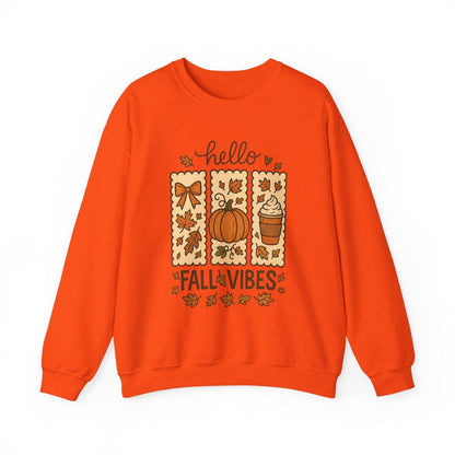 Orange sweatshirt with 'Hello Fall Vibes' graphic on a white background