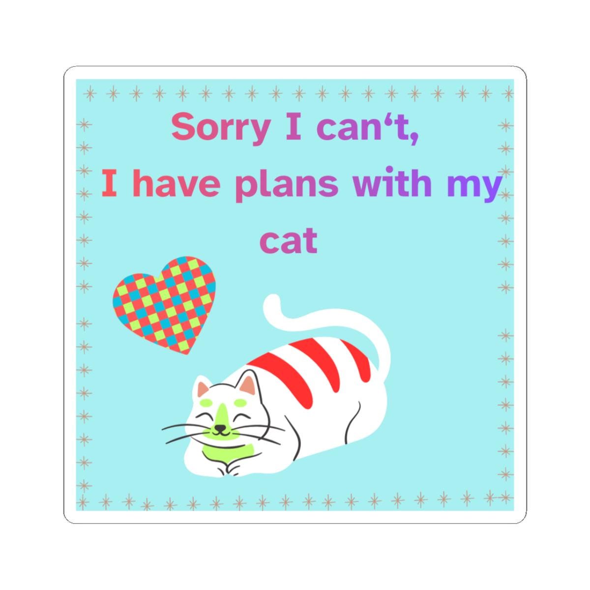 Cartoon cat with a colorful heart and text on a light blue background