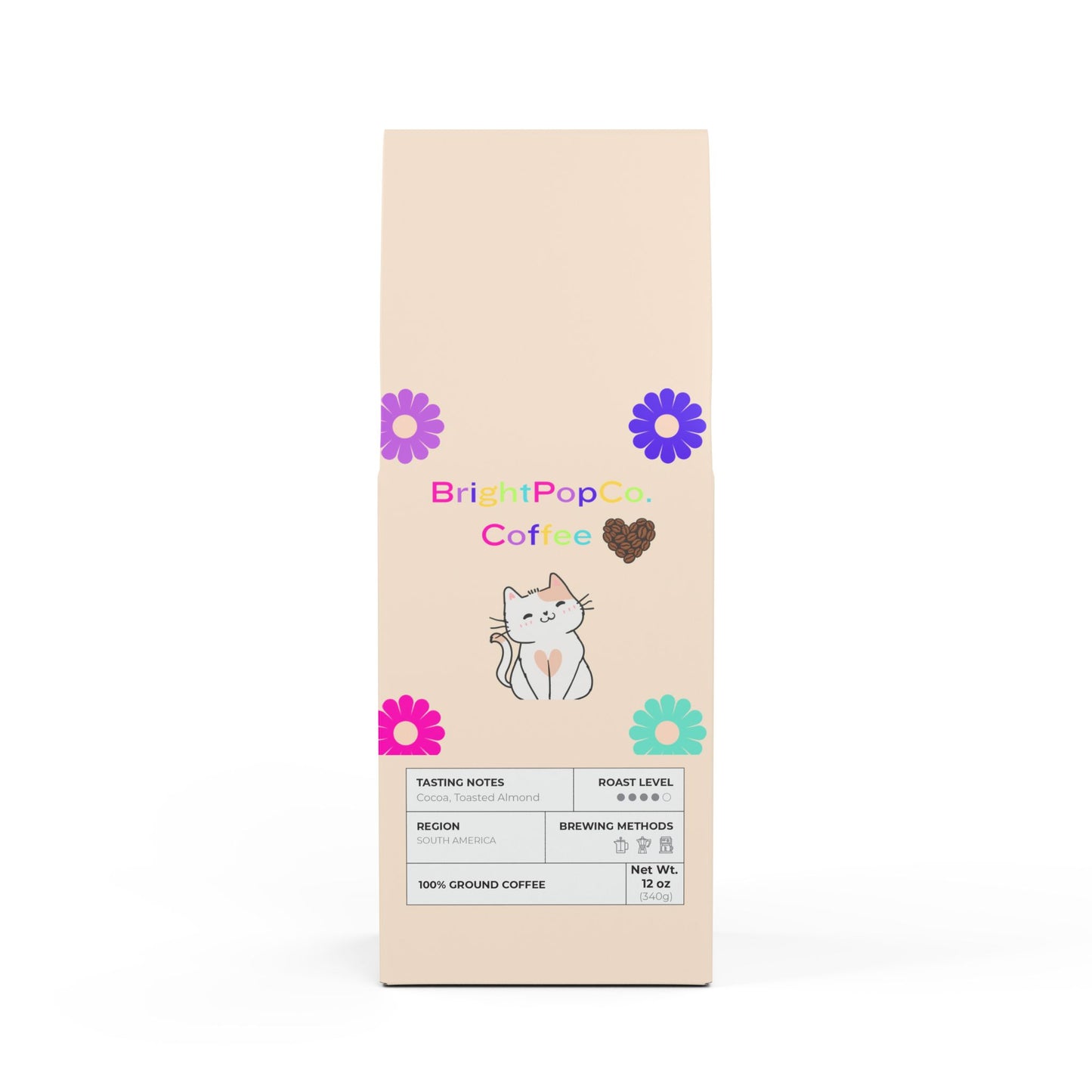 Coffee package with branding and product details on a beige background