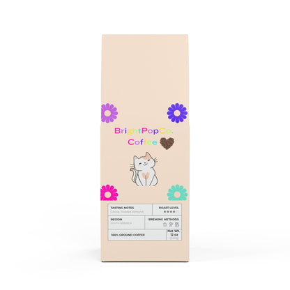 Coffee package with branding and product details on a beige background