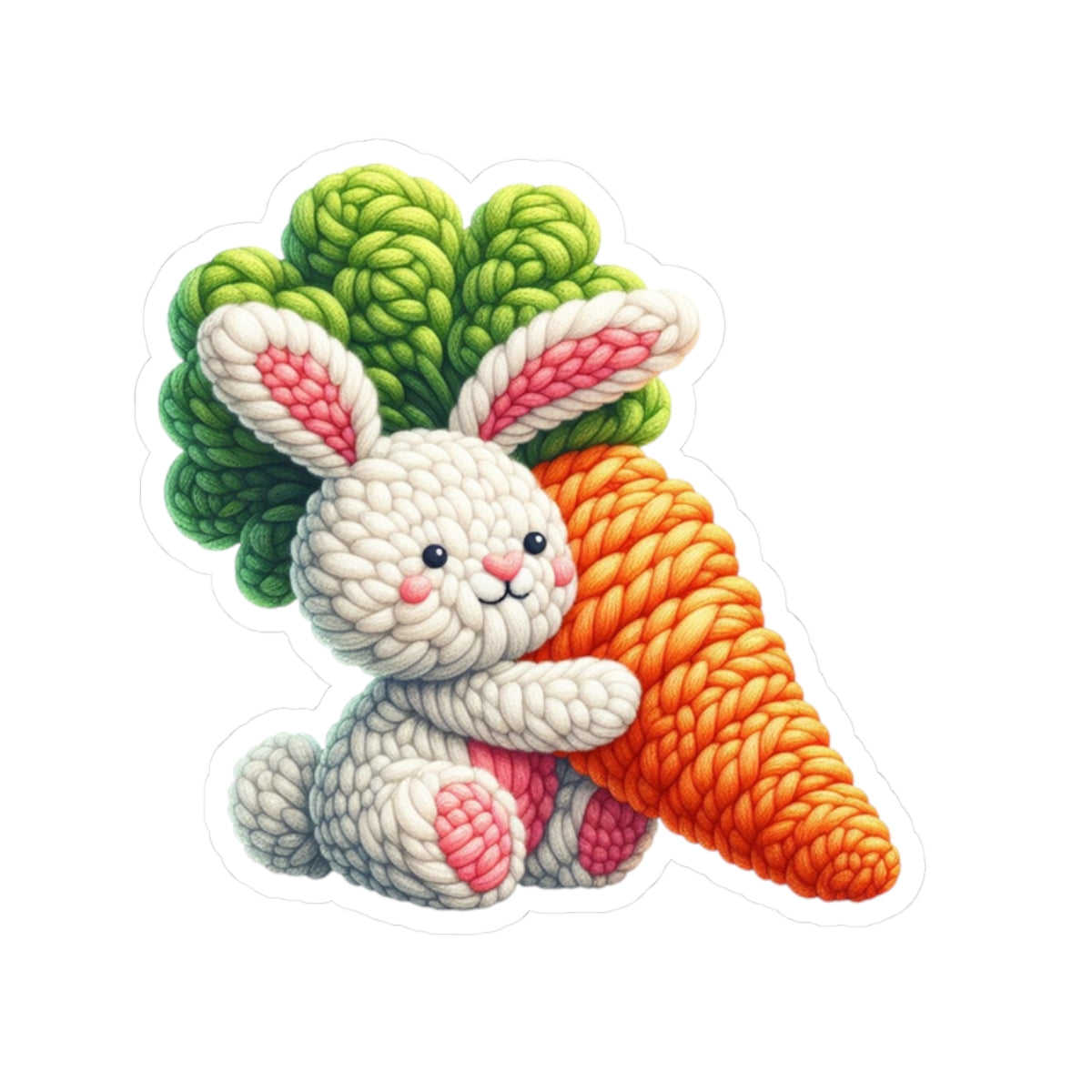 Toy rabbit and carrot made of knitted rope on a white background