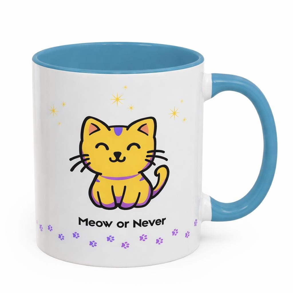 Mug with a cat illustration and 'Meow or Never' text on a white background