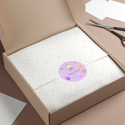 Open box with a textured white interior and a 'Happy Easter' sticker featuring a bunny design.
